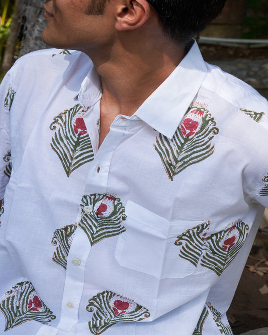 Hand Blockprinted Cotton Half Sleeve Shirt for Men - Regular Fit - White Green Morpankh