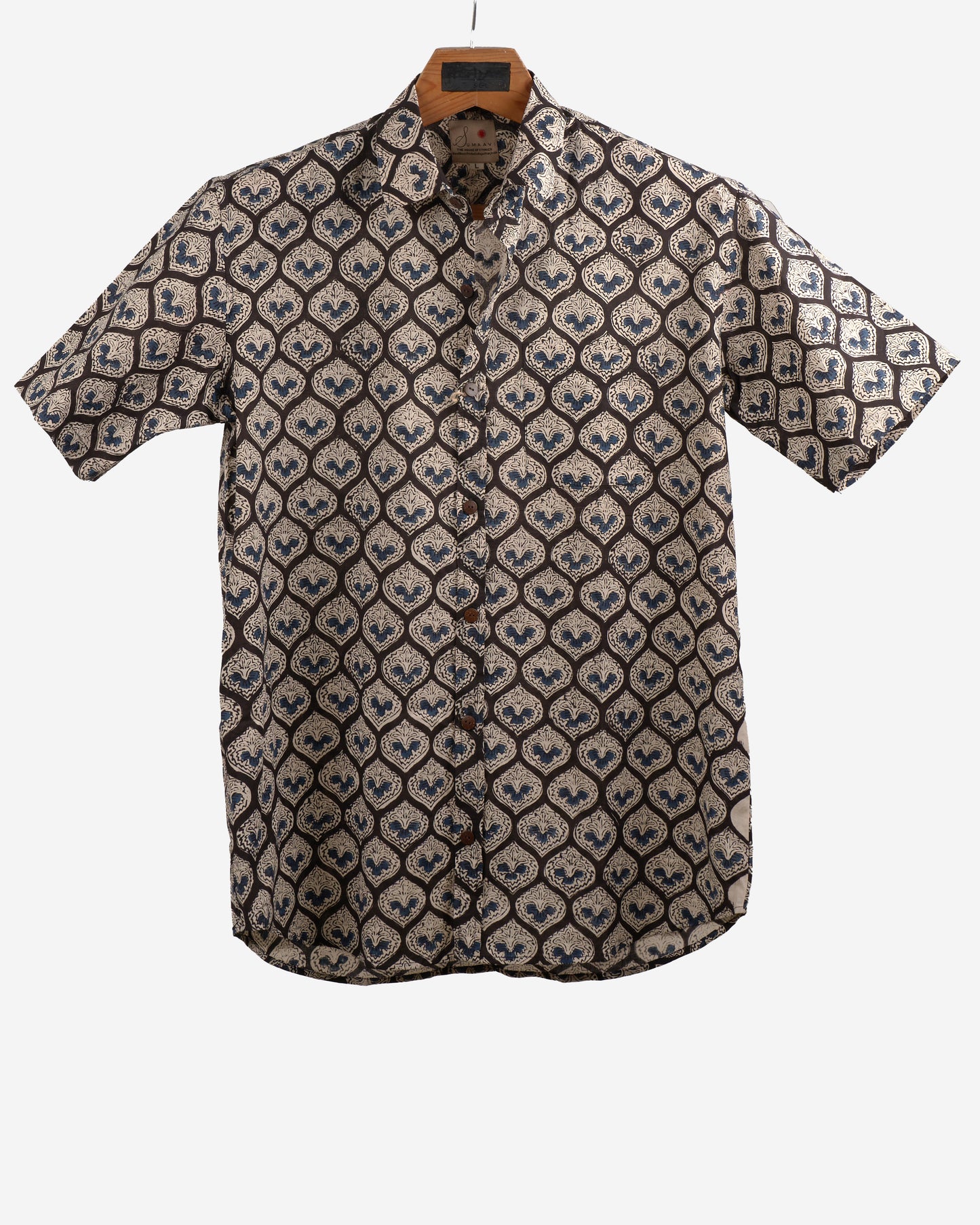 Hand Blockprinted Cotton Half Sleeve Shirt for Men - Regular Fit - Black
