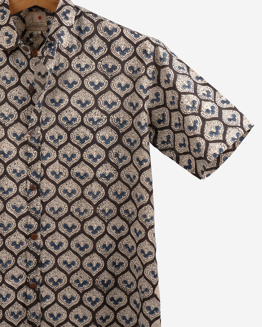 Hand Blockprinted Cotton Half Sleeve Shirt for Men - Regular Fit - Black