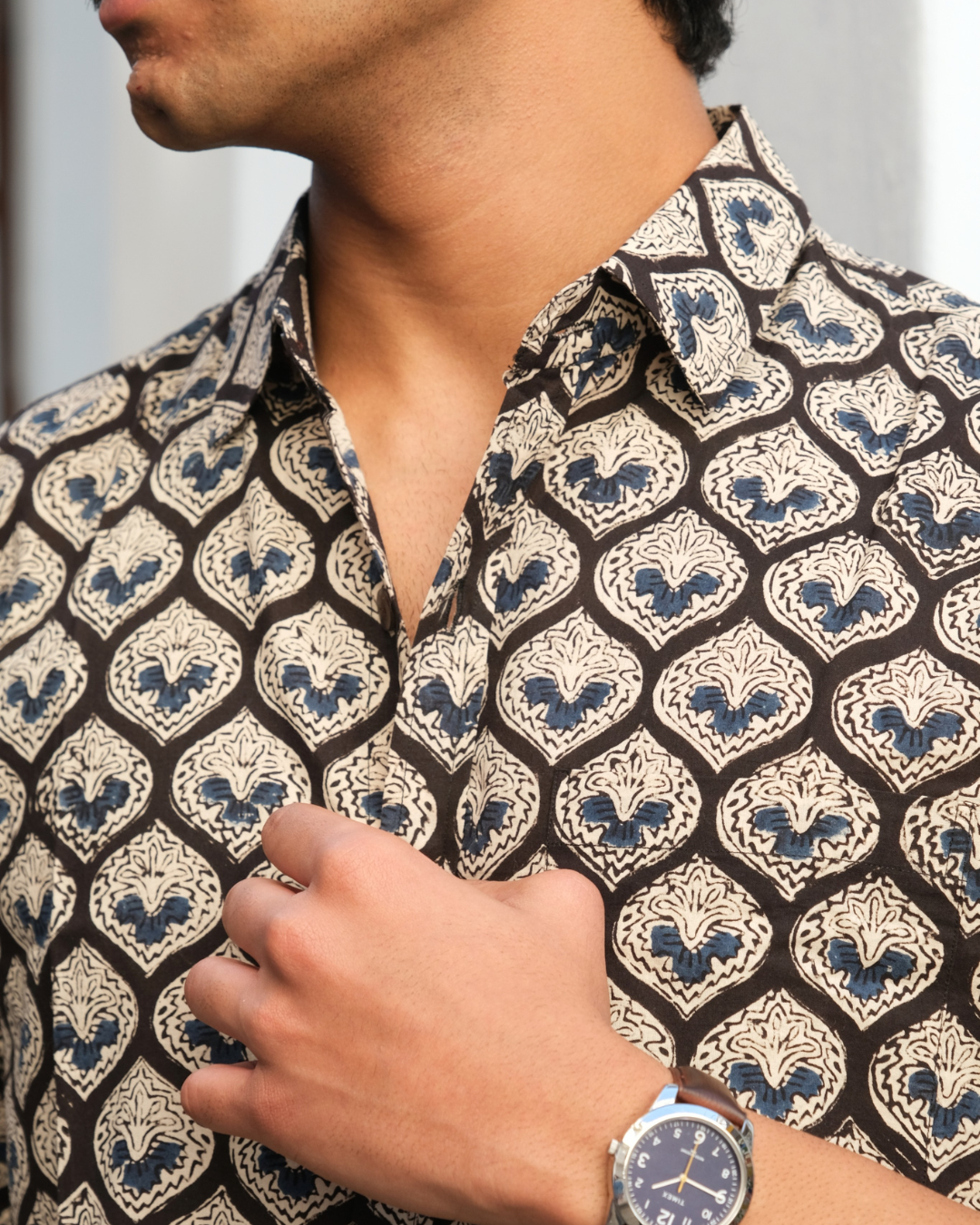 Hand Blockprinted Cotton Half Sleeve Shirt for Men - Regular Fit - Black