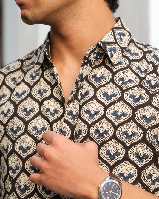 Hand Blockprinted Cotton Half Sleeve Shirt for Men - Regular Fit - Black