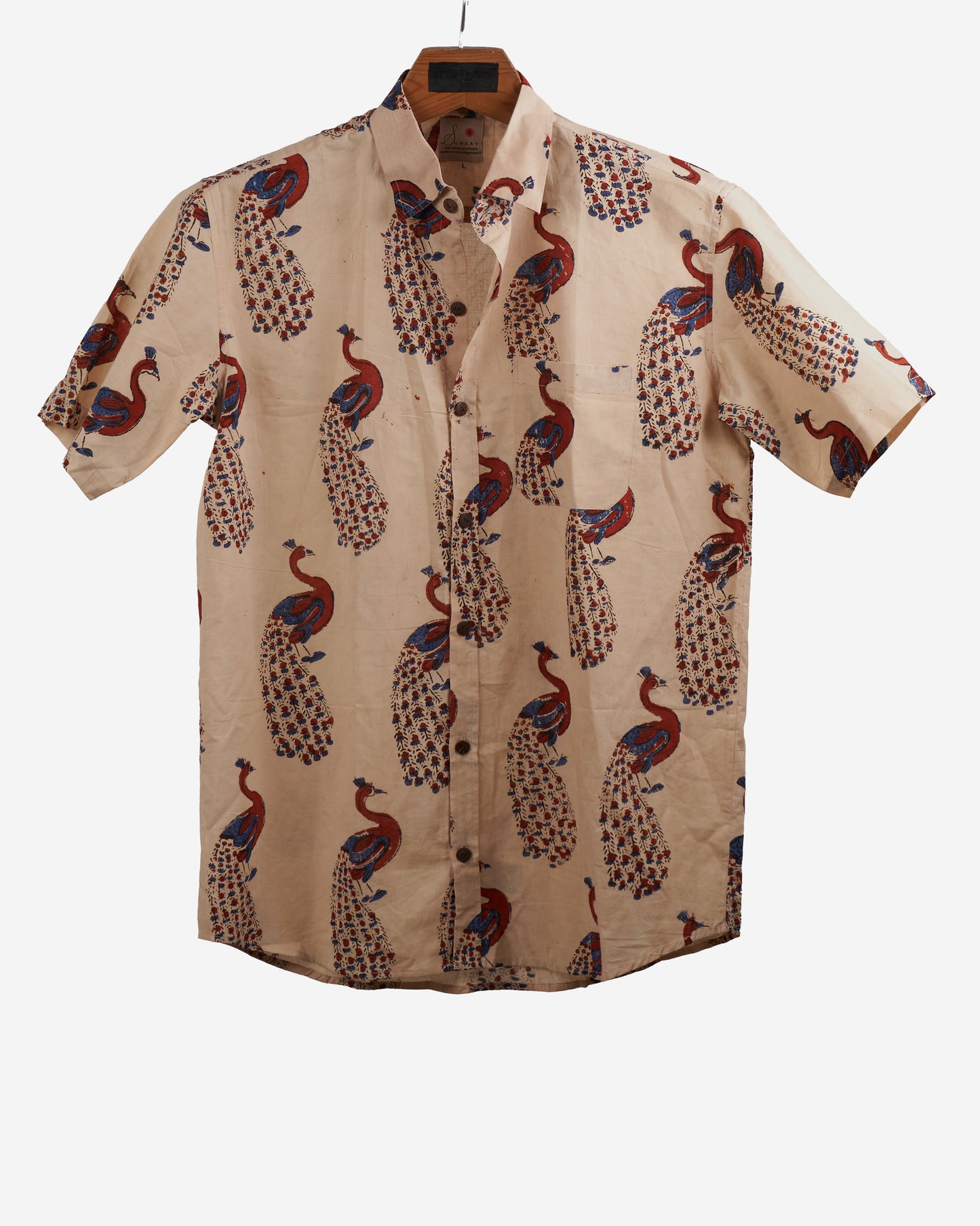 Hand Blockprinted Cotton Half Sleeve Shirt for Men - Regular Fit - Beige Peacock design