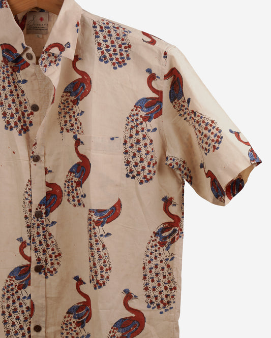 Hand Blockprinted Cotton Half Sleeve Shirt for Men - Regular Fit - Beige Peacock design