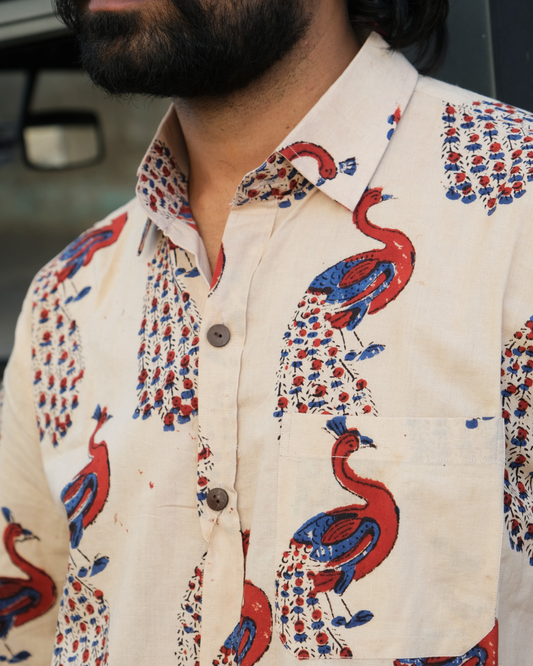 Hand Blockprinted Cotton Half Sleeve Shirt for Men - Regular Fit - Beige Peacock design
