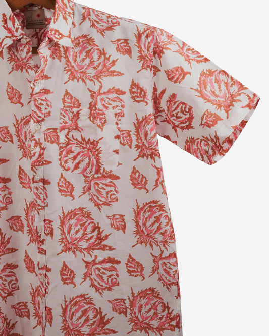 Hand Blockprinted Cotton Half Sleeve Shirt for Men - Regular Fit - White Peach