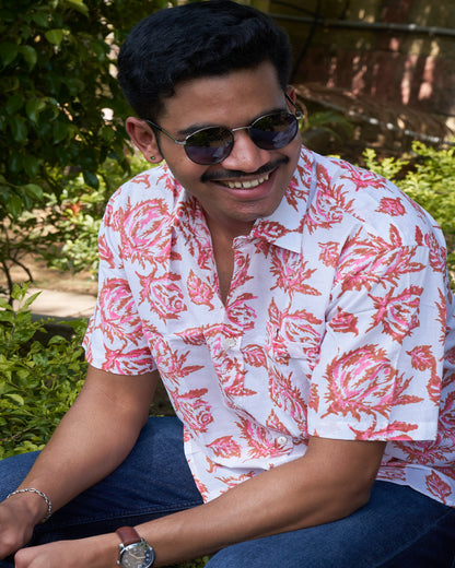 Hand Blockprinted Cotton Half Sleeve Shirt for Men - Regular Fit - White Peach