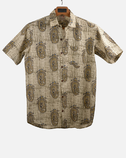 Hand Blockprinted Cotton Half Sleeve Shirt for Men - Regular Fit - Beige Black Paisley design