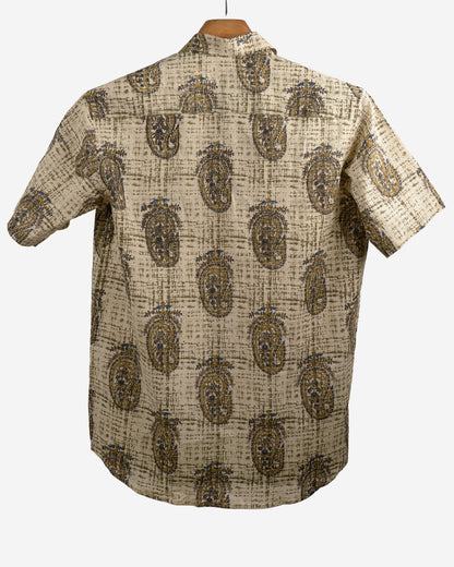 Hand Blockprinted Cotton Half Sleeve Shirt for Men - Regular Fit - Beige Black Paisley design