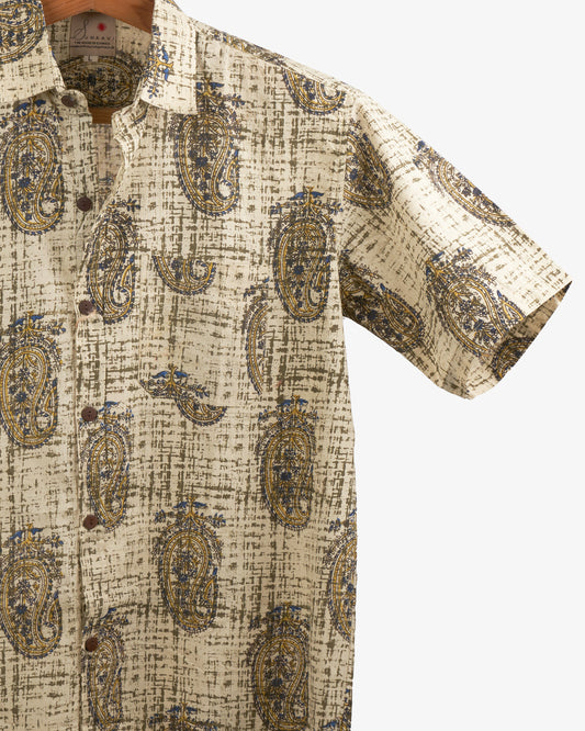 Hand Blockprinted Cotton Half Sleeve Shirt for Men - Regular Fit - Beige Black Paisley design
