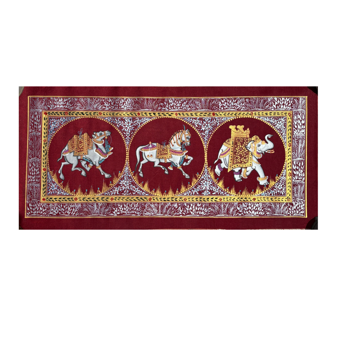 Rajasthani Handmade Miniature Painting Camel Elephant Horse Trio Maroon Colour with Golden Detailing