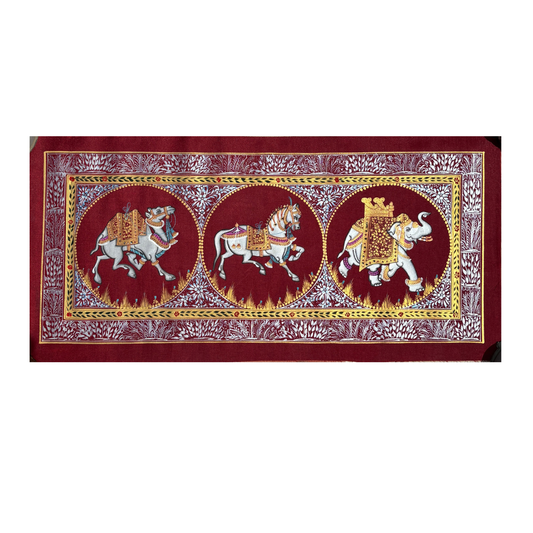 Rajasthani Handmade Miniature Painting Camel Elephant Horse Trio Maroon Colour with Golden Detailing