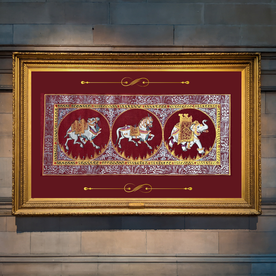 Rajasthani Handmade Miniature Painting Camel Elephant Horse Trio Maroon Colour with Golden Detailing