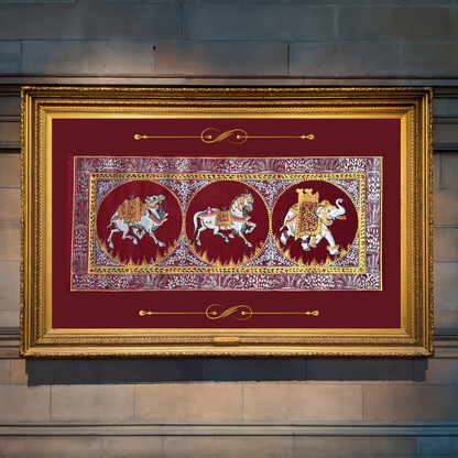 Rajasthani Handmade Miniature Painting Camel Elephant Horse Trio Maroon Colour with Golden Detailing