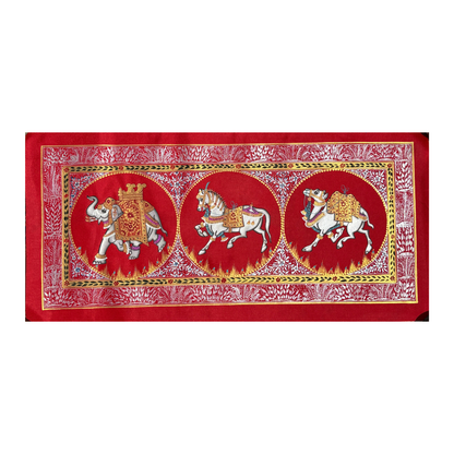 Rajasthani Handmade Miniature Painting Camel Elephant Horse Trio Red Colour with Golden Detailing
