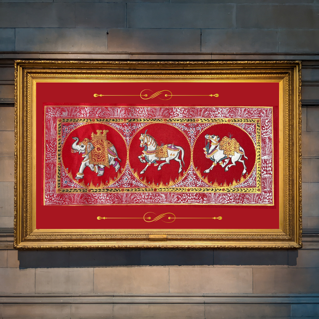 Rajasthani Handmade Miniature Painting Camel Elephant Horse Trio Red Colour with Golden Detailing