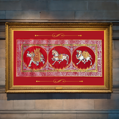 Rajasthani Handmade Miniature Painting Camel Elephant Horse Trio Red Colour with Golden Detailing