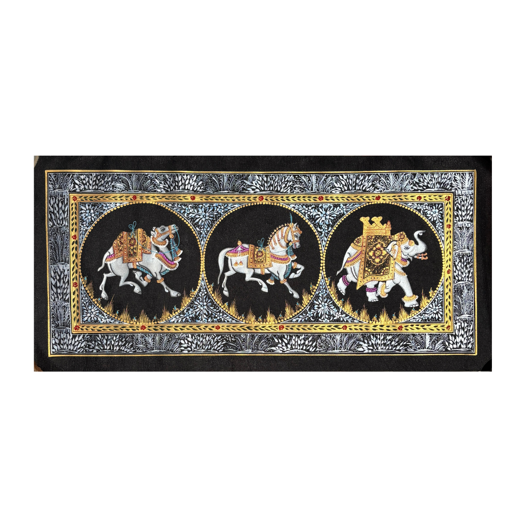 Rajasthani Handmade Miniature Painting Camel Elephant Horse Trio Black Colour with Golden Detailing