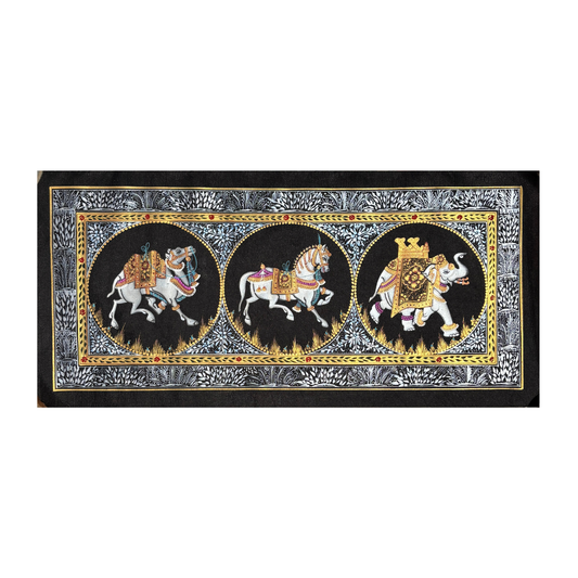 Rajasthani Handmade Miniature Painting Camel Elephant Horse Trio Black Colour with Golden Detailing