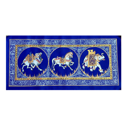 Rajasthani Handmade Miniature Painting Camel Elephant Horse Trio Royal Blue Colour with Golden Detailing