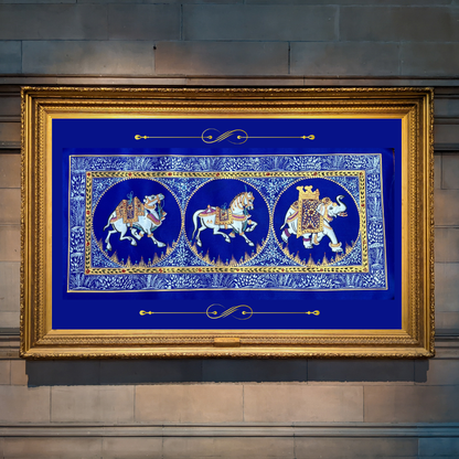 Rajasthani Handmade Miniature Painting Camel Elephant Horse Trio Royal Blue Colour with Golden Detailing