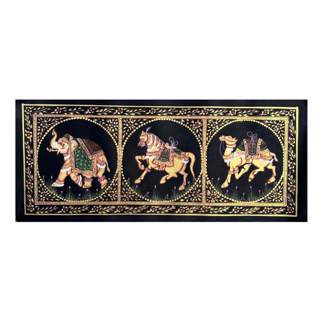 Rajasthani Handmade Miniature Painting Camel Elephant Horse Trio Black Colour with Golden Detailing