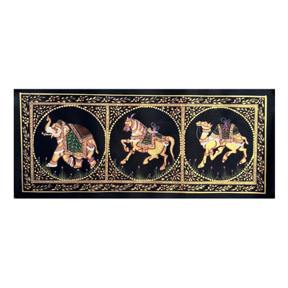 Rajasthani Handmade Miniature Painting Camel Elephant Horse Trio Black Colour with Golden Detailing