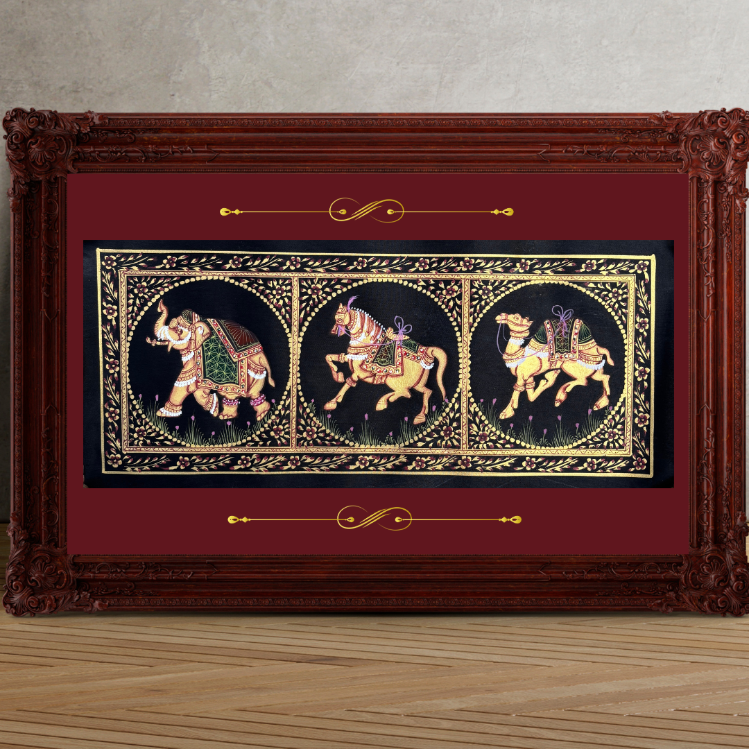 Rajasthani Handmade Miniature Painting Camel Elephant Horse Trio Black Colour with Golden Detailing