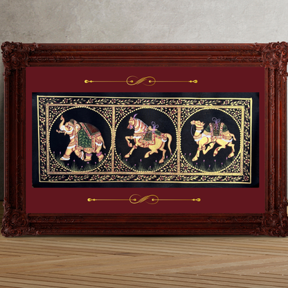 Rajasthani Handmade Miniature Painting Camel Elephant Horse Trio Black Colour with Golden Detailing