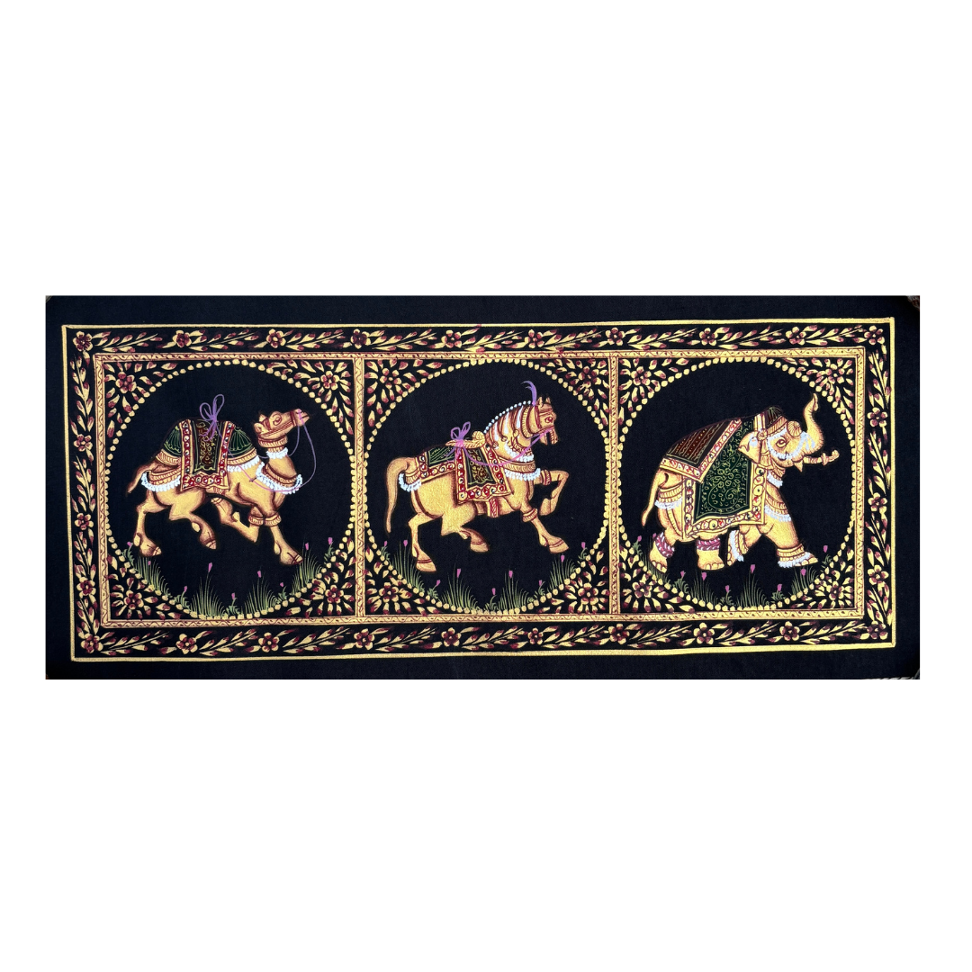 Rajasthani Handmade Miniature Painting Camel Elephant Horse Trio Black Colour with Golden Detailing