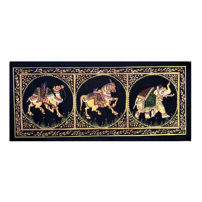 Rajasthani Handmade Miniature Painting Camel Elephant Horse Trio Black Colour with Golden Detailing