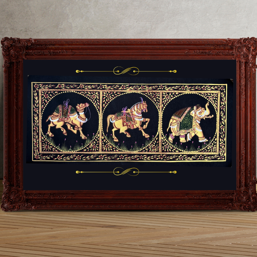 Rajasthani Handmade Miniature Painting Camel Elephant Horse Trio Black Colour with Golden Detailing