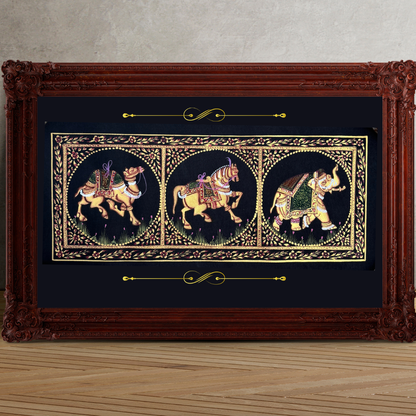 Rajasthani Handmade Miniature Painting Camel Elephant Horse Trio Black Colour with Golden Detailing