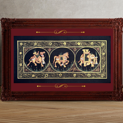 Rajasthani Handmade Miniature Painting Camel Elephant Horse Trio Black Colour with Golden Detailing