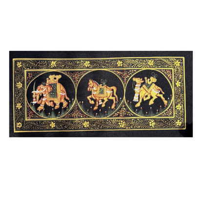 Rajasthani Handmade Miniature Painting Camel Elephant Horse Trio Black Colour with Golden Detailing