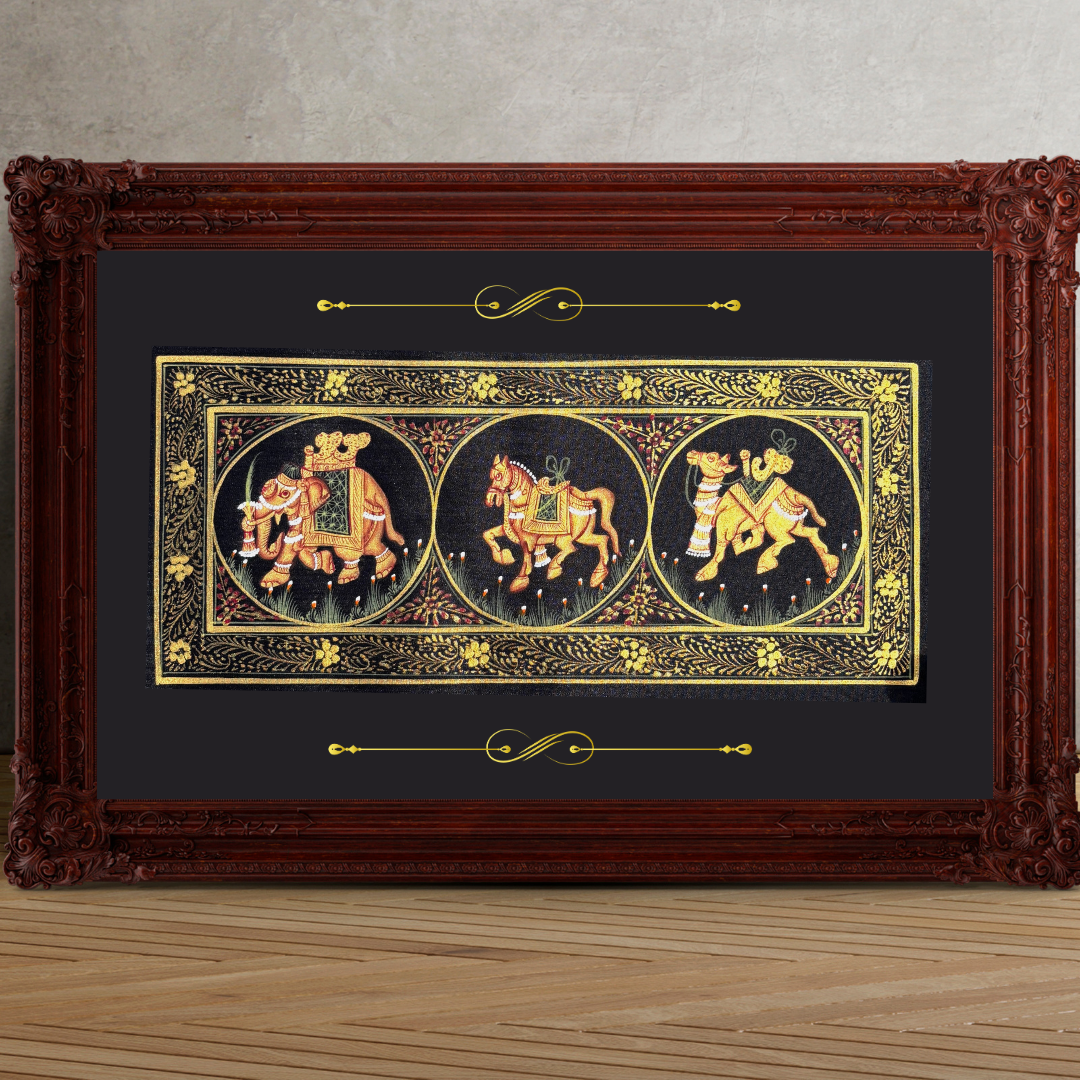 Rajasthani Handmade Miniature Painting Camel Elephant Horse Trio Black Colour with Golden Detailing