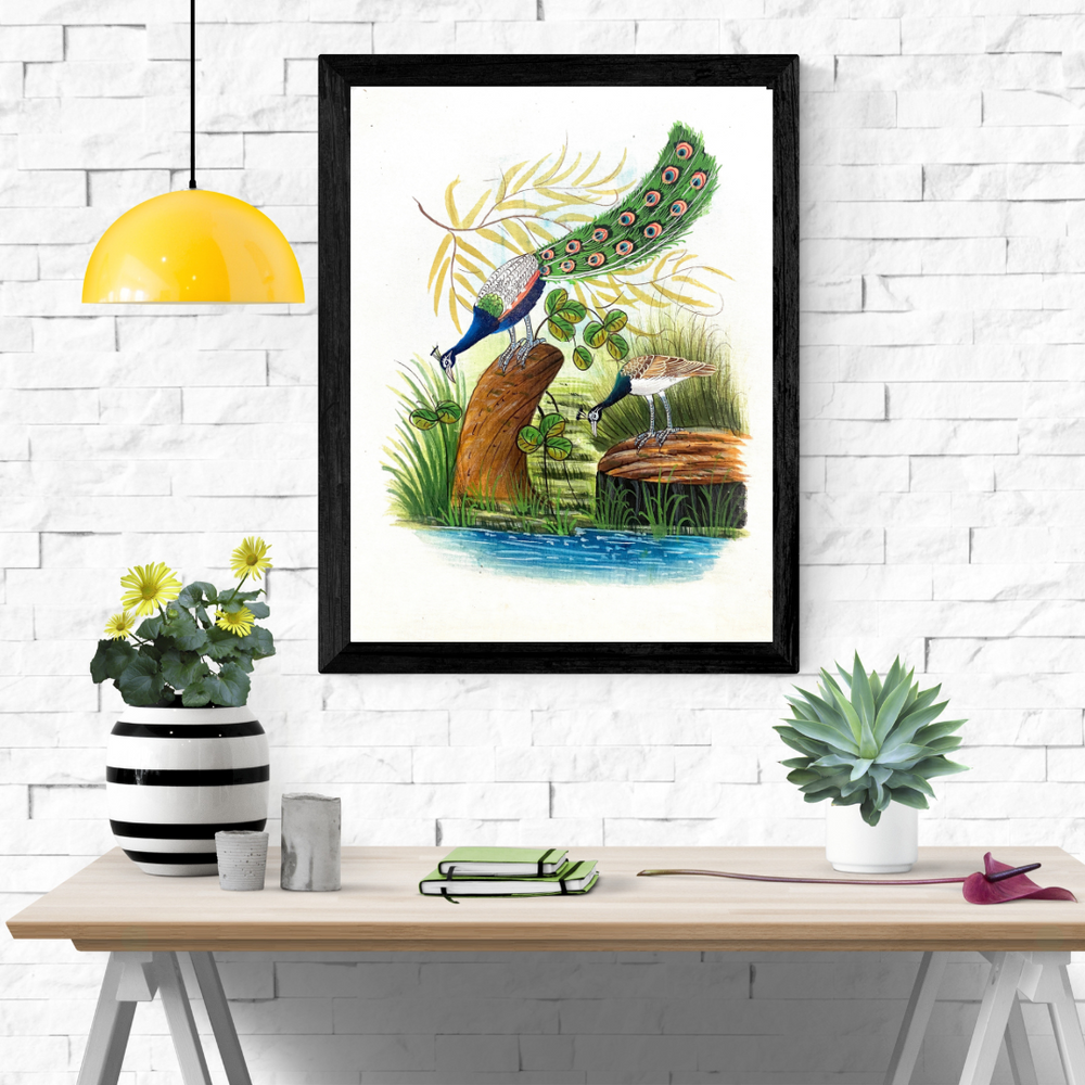 Bird Handmade Painting | Peacock Peahen | White border | White background