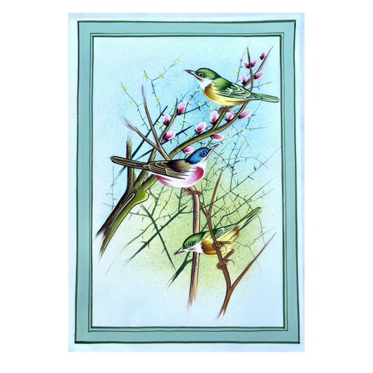 Handmade Bird Painting three colorful birds green border white background