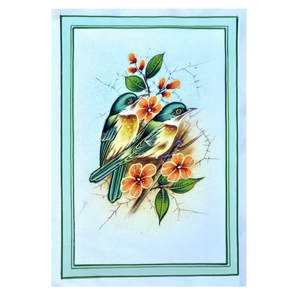 Handmade Bird Painting two birds orange flowers green border white background