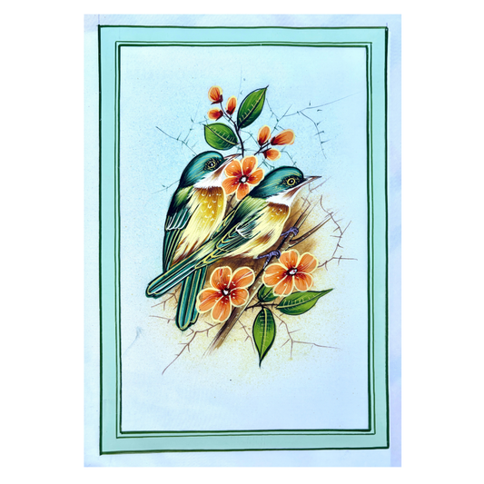 Handmade Bird Painting two birds orange flowers green border white background