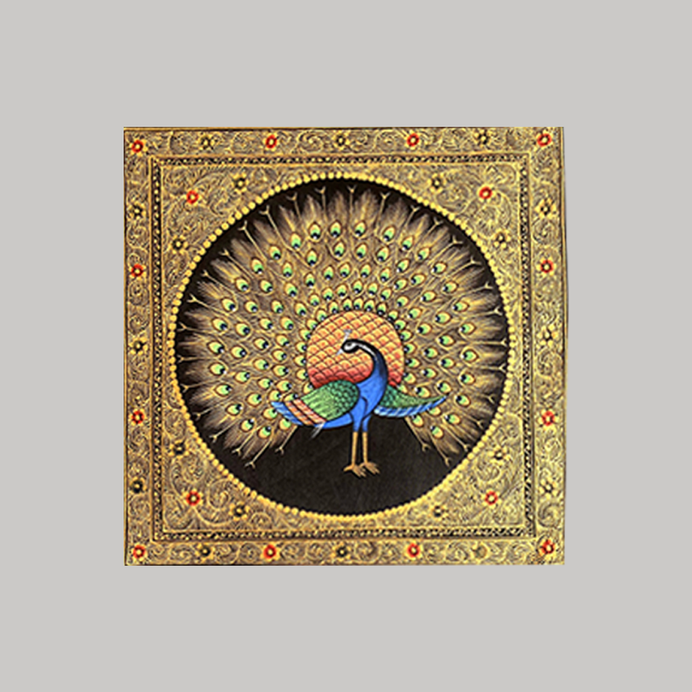 Rajasthani Hand-Painted Miniature Peacock Painting with Golden Detailing