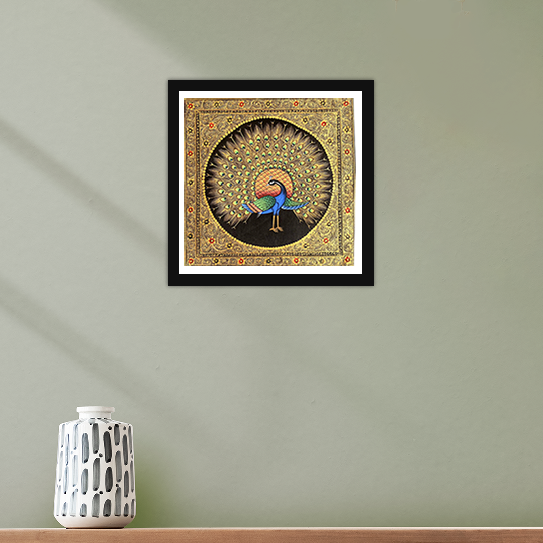 Rajasthani Hand-Painted Miniature Peacock Painting with Golden Detailing