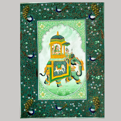 Rajasthani Handmade Miniature Painting Elephant Sawari Green Colour with Detailed Border