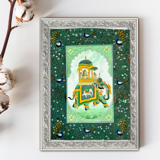 Rajasthani Handmade Miniature Painting Elephant Sawari Green Colour with Detailed Border