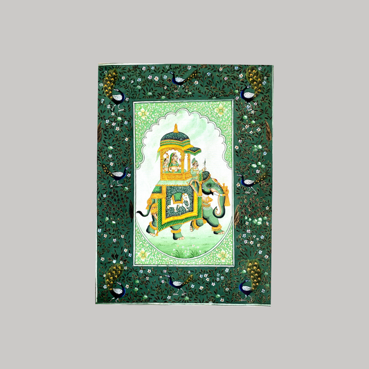 Rajasthani Handmade Miniature Painting Elephant Sawari Green Colour with Detailed Border