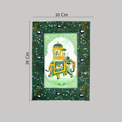 Rajasthani Handmade Miniature Painting Elephant Sawari Green Colour with Detailed Border