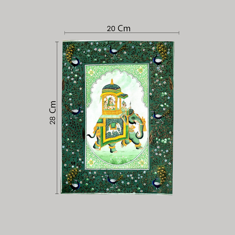 Rajasthani Miniature Painting Elephant Sawari Green Colour with Detailed Border