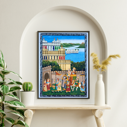 Rajasthani Miniature Handmade Painting | Blue royal procession with city palace and lake palace in background