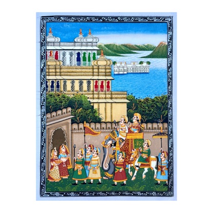 Rajasthani Miniature Handmade Painting | Blue royal procession with city palace and lake palace in background