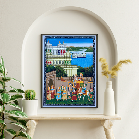 Rajasthani Miniature Handmade Painting | Blue royal procession with city palace and lake palace in background