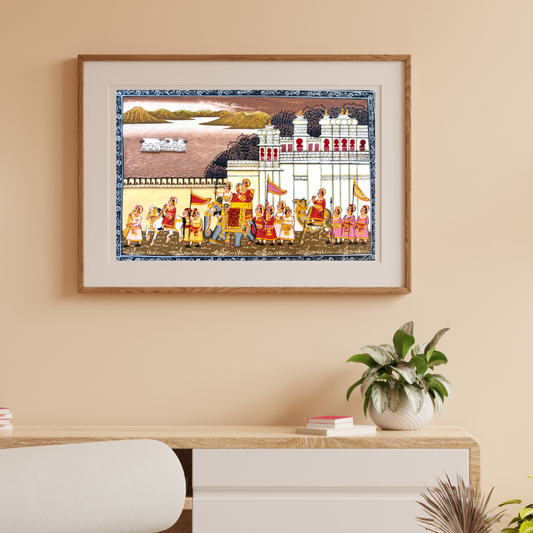 Rajasthani Miniature Handmade Painting | Brown | Royal procession with city palace and lake palace in background